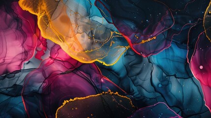 Colorful abstract painting with alcohol ink on black background Modern artistic creation Vibrant and contemporary wallpaper design
