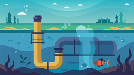 The underwater world is disrupted by the subsea oil pipeline a necessary intrusion to fuel our modern way of life.. Vector illustration