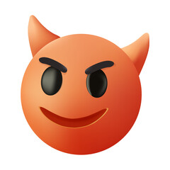 Evil devil emoji. Popular chat elements. Trickery or treachery smile. Happy red emoticon with devil horns, gloating demon 3D vector icon