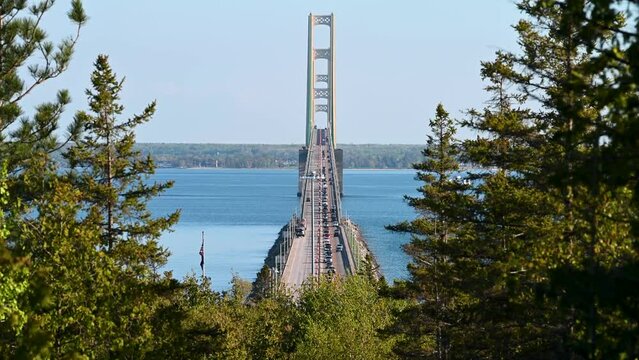 4k of Mackinac Bridge showing lots of traffic during construction