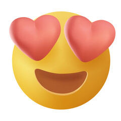 Emoji with hearts in eyes. In love emoticon, yellow face with heart eyes and open smile Love, excited emoji. 3D stylized vector icon