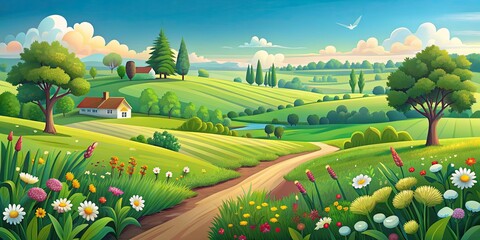 Naklejka premium Scenic Countryside with Rolling Hills and Flowers