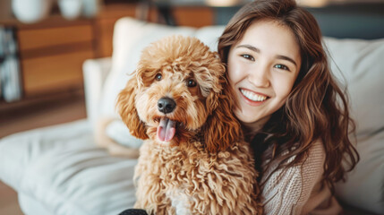 Young woman smiling with her curly-haired dog on a couch