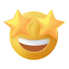 Starry eyed emoji. Love, excited emoji. Golden stars for eyes excited emoticon with open smile 3D stylized vector icon. Avatar kawaii style.