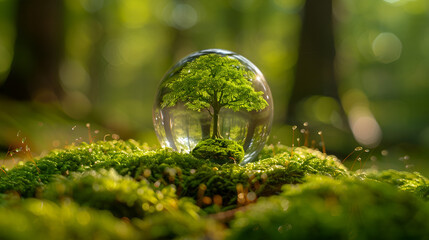 A green tree seen through the lens ball on green moss A green tree seen through the lens ball, Generative AI