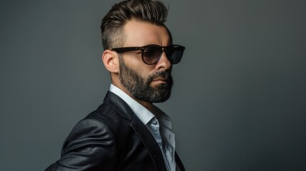 Obraz premium Stylish man with sunglasses posing against grey background viewed from the side
