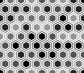 Honeycomb hexagons background. Hexagon mosaic background with inner solid cells. Grey color tones. Hexagonal cells. Seamless pattern. Tileable vector illustration.