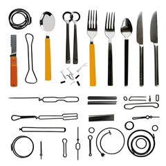 The image shows a collection of various kitchen utensils and tools neatly arranged on a white background. On the left side, there is a set of utensils including an orange-handled knife with a serrated