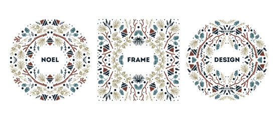 Luxury Christmas frame set, abstract sketch winter floral design templates. Square, holly backgrounds with fir tree. Use for package, branding, decoration, banners