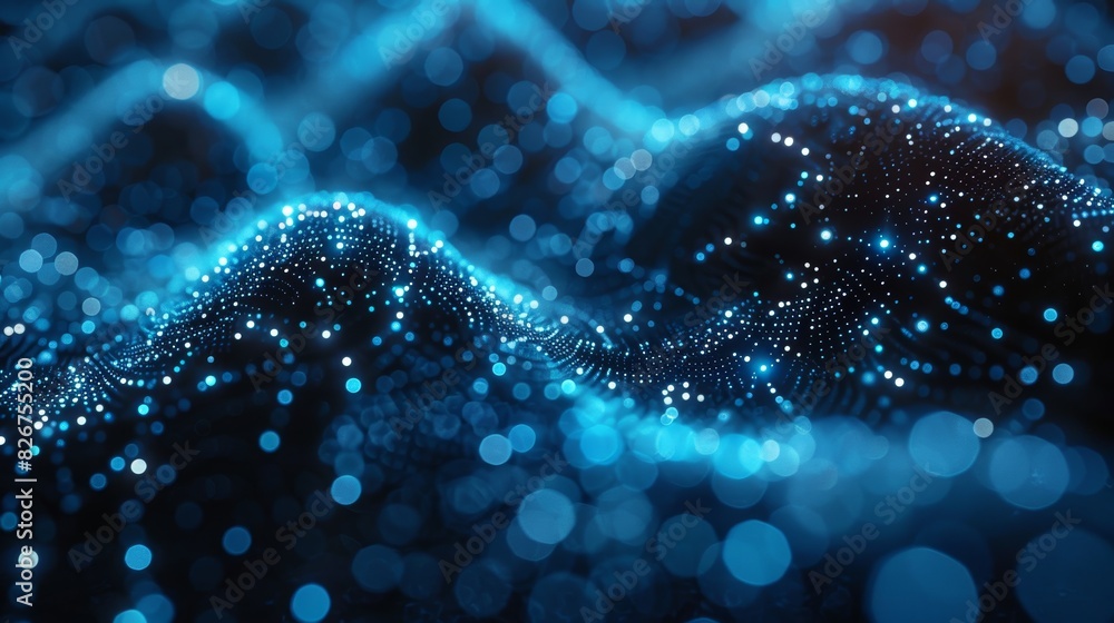 Poster this image features a dynamic digital wave made of blue particles resembling a futuristic technology
