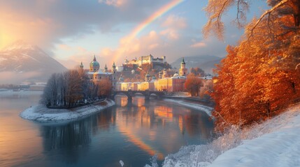 Fototapeta premium A picturesque scene with a historic city lit by golden autumn light and graced with a beautiful rainbow over the river