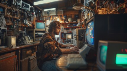 An individual is intensely focused while working amidst a plethora of vintage electronic equipment in a cluttered workshop