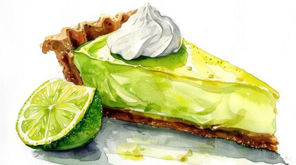 Key Lime Pie Slice with Creamy Topping Watercolor Illustration on White Background