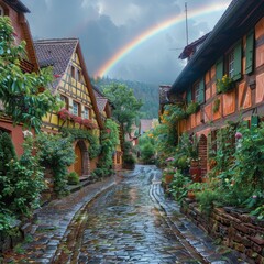 Picturesque view of a vibrant rainbow arching over a wet cobblestone street in a charming, flower-lined traditional village