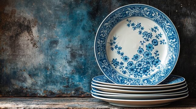 A stack of traditional blue and white porcelain plates against a rustic, weathered background, expressing cultural heritage and craftsmanship