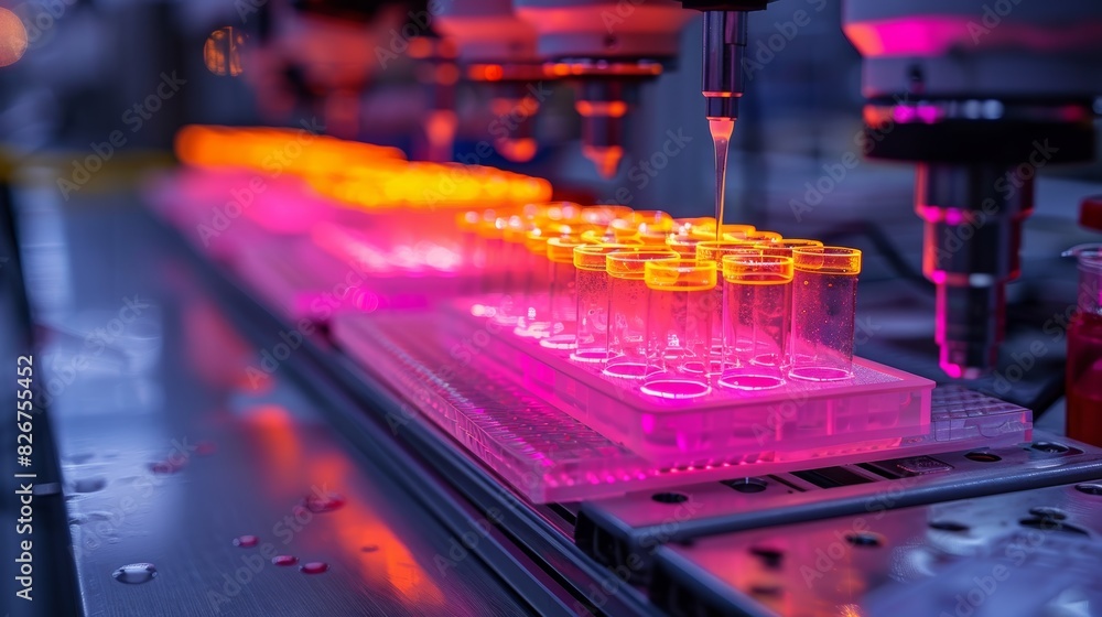 Poster high-tech laboratory automation with a robotic arm handling test tube samples illuminated by purple 