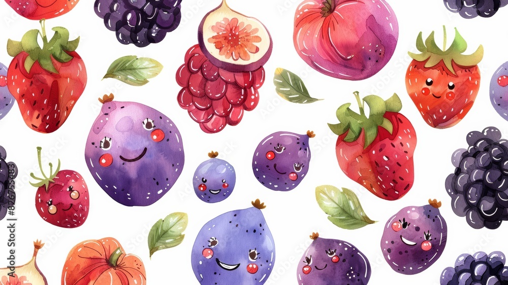 Poster Playful Nursery Style Illustrations of Raspberries, Blackberries, and Figs with Happy Faces in Watercolor