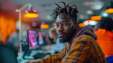 A young man with dreadlocks and glasses looks focused while working on a computer in a vibrant office