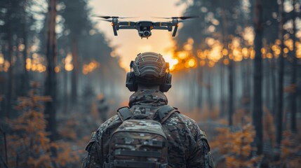 A military operator wearing tactical gear pilots a drone at dusk with a focus on the technology and surveillance