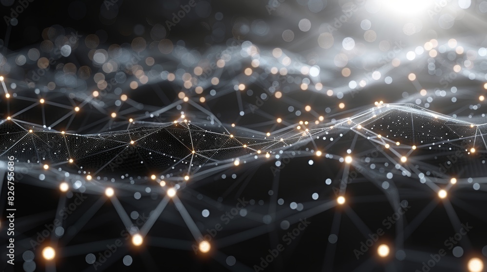 Poster close-up of an abstract digital network with glowing points and lines on a dark background, conveyin