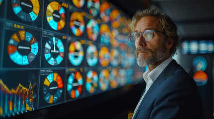 Blurred faced individual examines complex information on multiple high-tech data screens