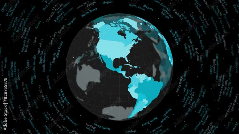 Poster rotating globe. dark translucent globe with round geographical names text. astonishing spinning plan