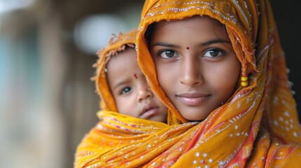 A mother holding her child, both draped in a vibrant orange traditional attire with intricate patterns