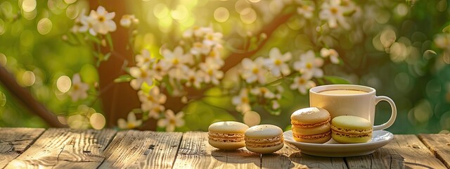 coffee and macaroons on the background of nature. Selective focus - Powered by Adobe