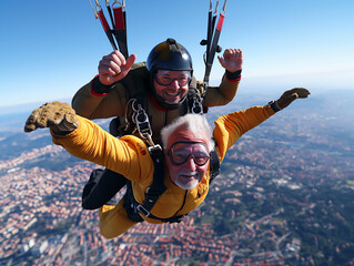 old man skydiving with guide, back view, adrenaline and adventure, parachute open in the sky, feeling of freedom, safety gear, tandem free fall, aerial view of the landscape below,