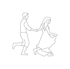 couple walk together holding hands on a city street, hand drawn illustration bride and groom walking holding hands vector