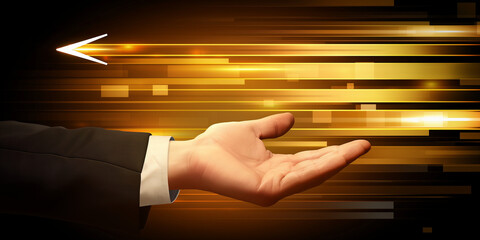 Visualisierung Pfeile Geschäftsmann Hand Präsentation gelber Hintergrund Motiv