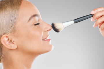Profile, woman and make up brush for beauty, smile and studio for cosmetic on white background....