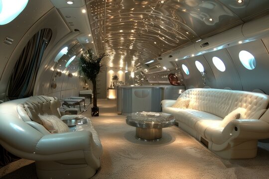 Elegant and modern design of a private jet cabin with stylish furniture and ambient lighting