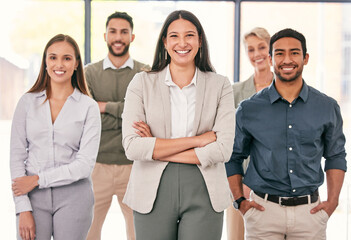 Business people, staff and team in office with portrait, professional and happiness for reputation...