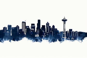 Artistic Seattle skyline illustration featuring iconic Space Needle and urban architecture.