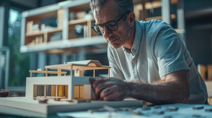 Closeup portrait of caucasian male architect engineer inspect and check house model construction with project plan and architectural model placed on table. Business design concept. Manipulator - Powered by Adobe