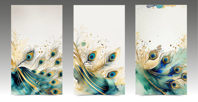 Painted peacock feathers on white background. Elegant watercolor covers set. Space for text. Ink, brush strokes and drops in blue, turquoise and gold color.