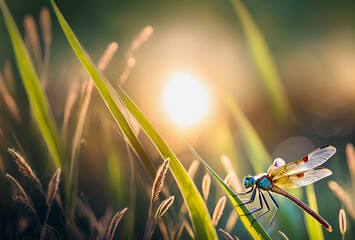 dragonfly perched atop a blade of grass - Powered by Adobe