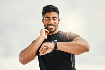 Man, fitness and check pulse with watch in outdoor for morning run, track heart rate or monitor...