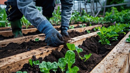 the farmer plants seedlings on the plot. Selective focus