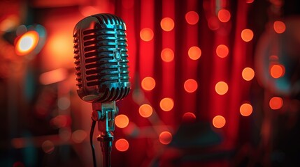 Microphone With Red Curtain Background