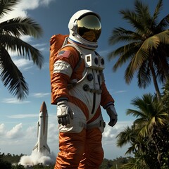 full-body capture of astronaut wearing a space suit and space helmet, Artificial intelligence, imaginary  