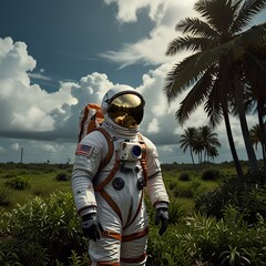 full-body capture of astronaut wearing a space suit and space helmet, Artificial intelligence, imaginary  