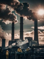 A striking, contrasting image of a coal power plant, representing non-sustainable energy management within a company. 