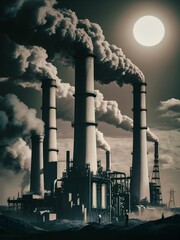 A striking, contrasting image of a coal power plant, representing non-sustainable energy management within a company. 