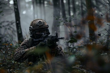 Anonymous soldier with full gear targets with his rifle amidst dense fog in the woods
