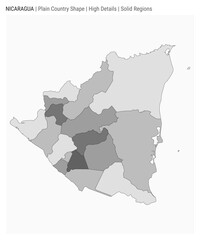 Nicaragua plain country map. High details. Solid regions style. Shape of Nicaragua. Vector illustration.