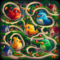 colorful maze game featuring various bird characters.