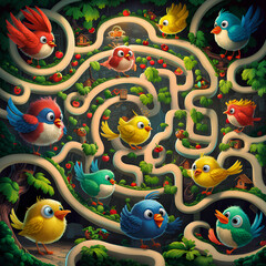 colorful maze game featuring various bird characters.