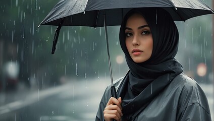 Beautiful woman in hijab holding an umbrella